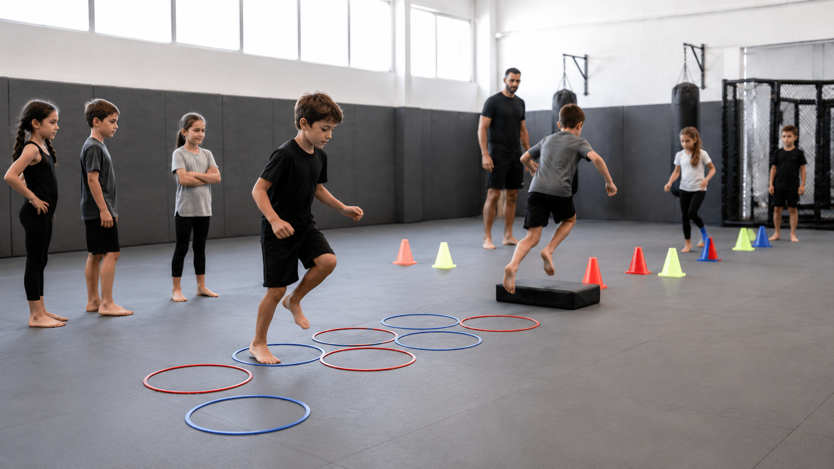 Parcours simple sur tatami avec des enfants